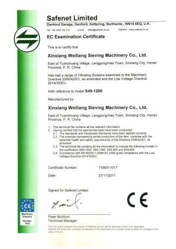 CE certificates vibrating screener