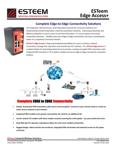 ESTeem ESTeem Industrial Wireless Solutions Specifications subject to change without notice 415 North Roosevelt Street Kennewick, WA 99336 www.esteem.com Phone (509) 735-9092 Revised: 30 Nov 2020 Edge Access+