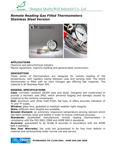 Remote REading Gas Filled Thermometer