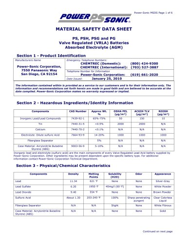 Material Safety Data Sheet Sealed Lead Acid Batteries (MSDS)