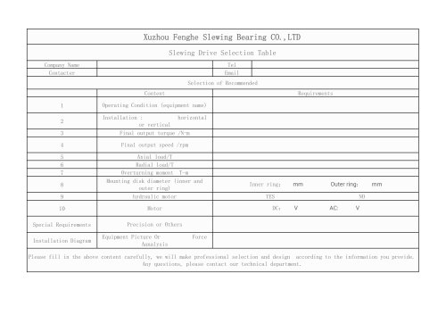 Slewing Drive Selection Table