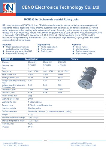 CENO RF slip ring 3 channels 1.1GHz RCN0301A