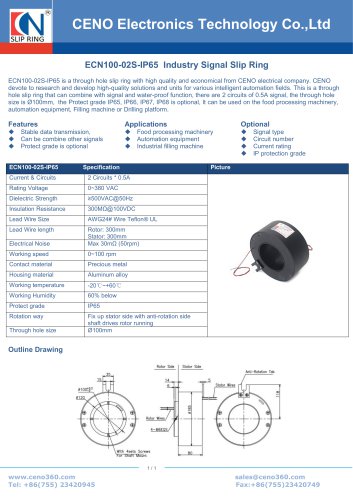 CENO waterproof slip ring assembly with 100mm bore ECN100-02S-IP65