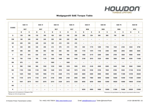 Wedgegard® SAE Torque Table (in Nm)