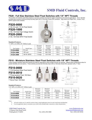 FS20 - Full Size Stainless Steel Float Switches with 1/4” NPT Threads