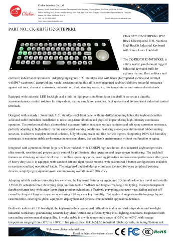 Waterproof Stainless steel panel mount backlight keyboard with integrated 50.0mm trackball mouse with electroplated black surface