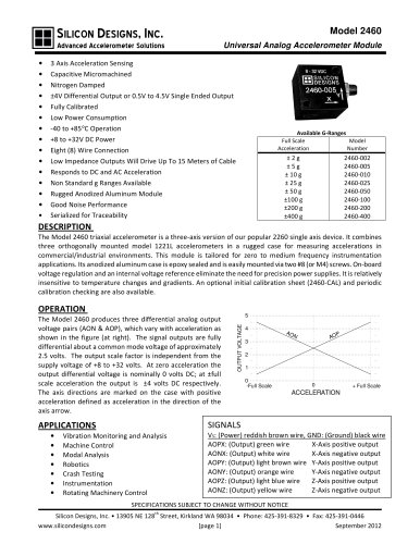 Silicon Designs Model 2460 Analog Accel with ±4V Differential Output or 0.5V to 4.5V Single Ended Output, +8 to +32V DC Power