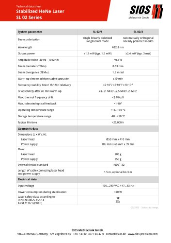 Technical data sheet: Frequency-stabilized HeNe lasers SL 02