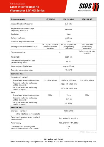 Technical data sheet: Laser interferometric Vibrometer LSV-NG series