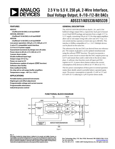 AD5337:  2.5 V to 5.5 V, 250 µA, 2-Wire Interface, Dual Voltage Output, 8-Bit DACs 