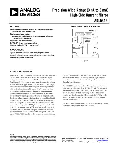 ADL5315: Precision Wide-Range (3 nA - 3 mA) High-Side Current Mirror Data Sheet (Rev. 0)