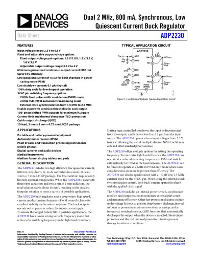 ADP2230: Dual 2 MHz, 800 mA, Synchronous, Low Quiescent Current Buck Regulator Data Sheet