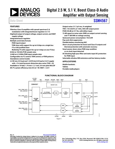 SSM4567: Digital 2.5 W, 5.1 V, Boost Class-D Audio Amplifier with Output Sensing