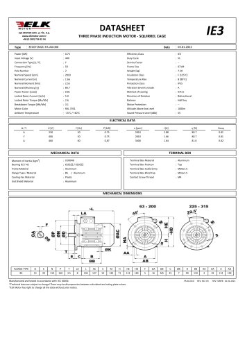 DATASHEET THREE PHASE INDUCTION MOTOR - SQUIRREL CAGE Type : 3EC071M2C-FA-A0-000