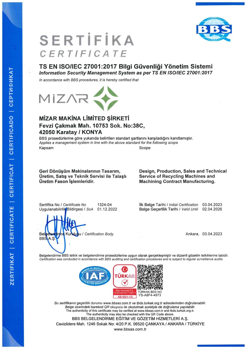TS EN ISO IEC 27001 - Mizar Recycling Machinery