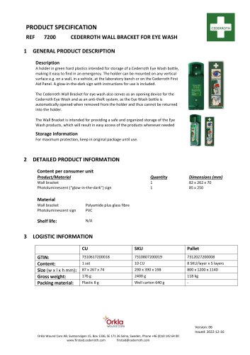 PRODUCT SPECIFICATION REF 7200 CEDERROTH WALL BRACKET FOR EYE WA