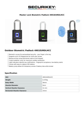 Master Lock Biometric Padlock 4901EURDLHCC