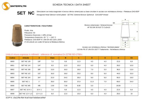 Data Sheet SET NC Silenziatore Sinterfiltri