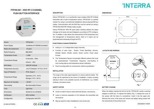 ITR700-001 - KNX RF 2 CHANNEL PUSH BUTTON INTERFACE