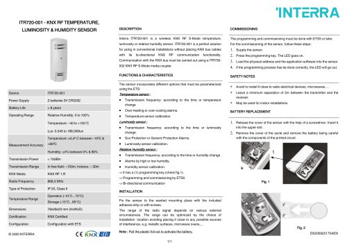 ITR720-001 - KNX RF TEMPERATURE, LUMINOSITY & HUMIDITY SENSOR