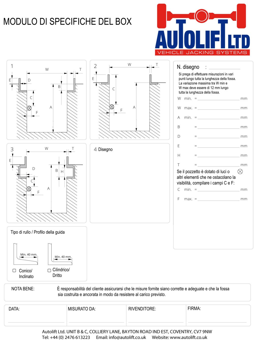 Autolift Pit survey form Italian - Autolift Ltd