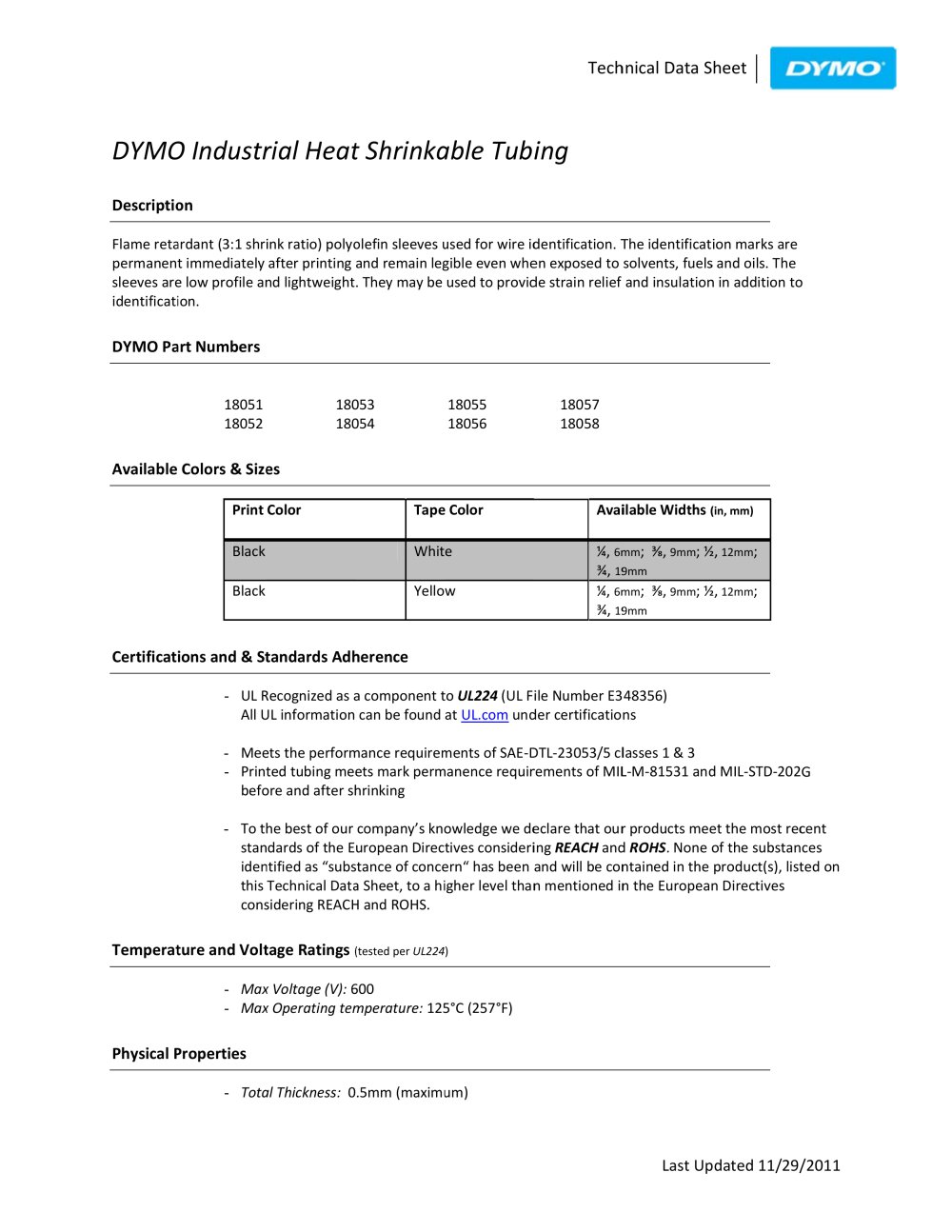 Heat-Shrink Tube Technical Data Sheet Dymo - Dymo