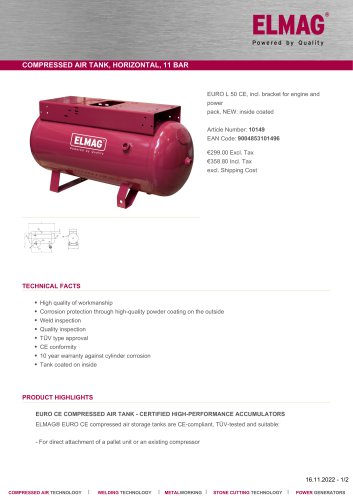 COMPRESSED AIR TANK, HORIZONTAL, 11 BAR