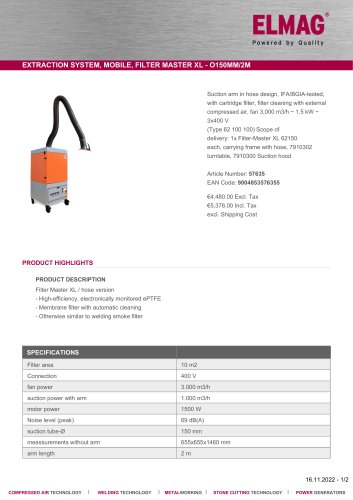 EXTRACTION SYSTEM, MOBILE, FILTER MASTER XL - O150MM/2M