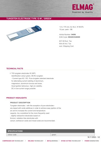 TUNGSTEN ELECTRODE TYPE ‘E-W’, ‘GREEN’