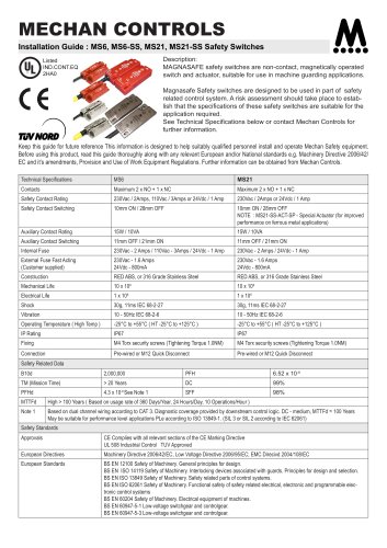 MS6, MS6-SS, MS21, MS21-SS Safety Switches