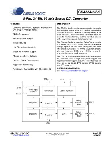 CS4334/35/38/39 8-Pin, 24-Bit, 96 kHz Stereo D/A Converters