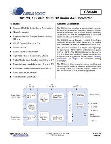 CS5340 101 dB, 192 kHz Stereo A/D Converter