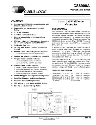 CS8900A Crystal LAN® 10Base-T Embedded Ethernet Controller