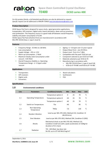 Space Oven Controlled Crystal Oscillator TE400 OCXO series 400