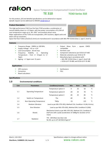 Space Temperature Controlled Crystal Oscillator  TCXO TE 310