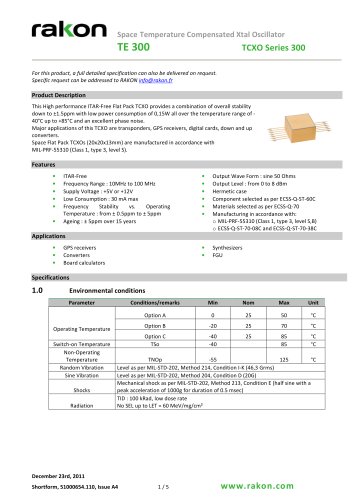 SPACE  Temperature Controlled Crystal Oscillator TE300 TCXO Series 300 Spatial Flat Pack