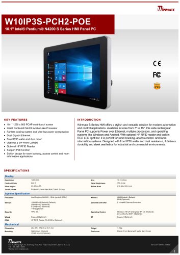 10.1" Intel&reg; Pentium&reg; N4200 S Series HMI Panel PC W10IP3S-PCH2-POE