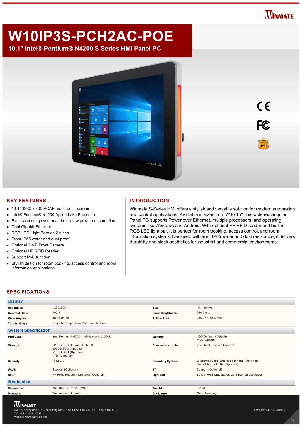 10.1" Intel&reg; Pentium&reg; N4200 S Series HMI Panel PC W10IP3S-PCH2AC-POE - Winmate, Inc.