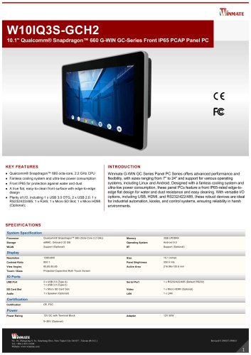 10.1" Qualcomm&reg; Snapdragon&trade; 660 G-WIN GC-Series Front IP65 PCAP Panel PC W10IQ3S-GCH2