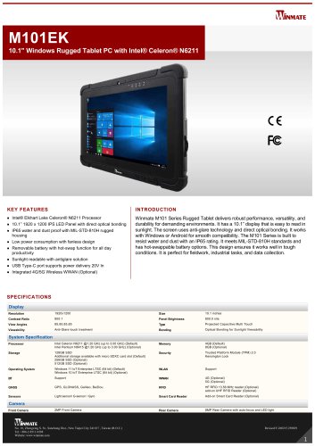 10.1" Windows Rugged Tablet PC with Intel&reg; Celeron&reg; N6211 M101EK