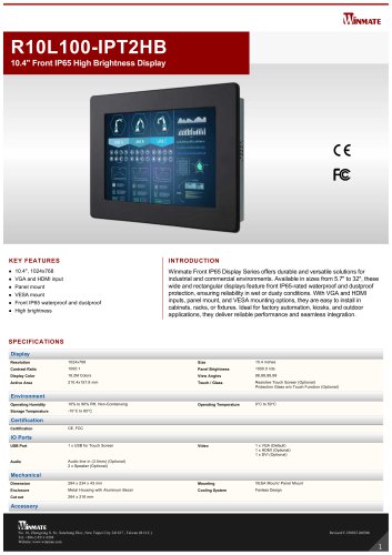 10.4" Front IP65 High Brightness Display  R10L100-IPT2HB 