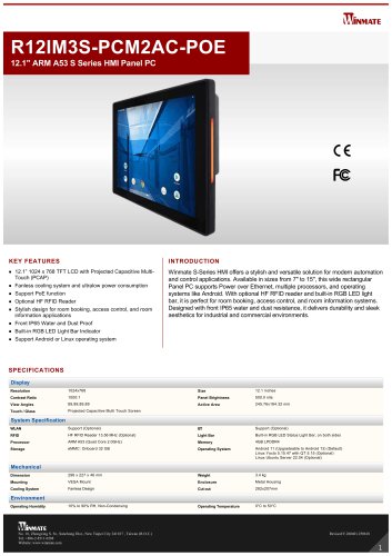 12.1" ARM A53 S Series HMI Panel PC R12IM3S-PCM2AC-POE