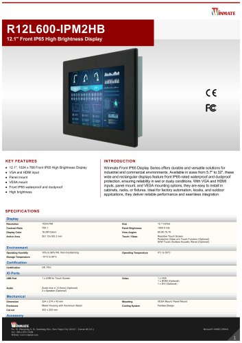 12.1" Front IP65 High Brightness Display R12L600-IPM2HB