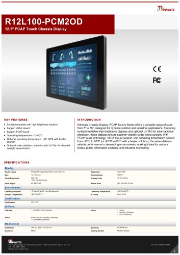 12.1" PCAP Touch Chassis Display R12L100-PCM2OD