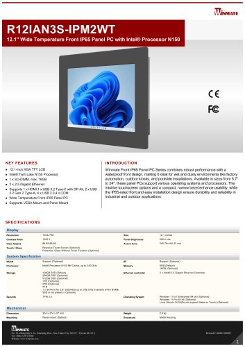 12.1" Wide Temperature Front IP65 Panel PC with Intel&reg; Processor N150 R12IAN3S-IPM2WT