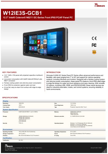 12.3" Intel&reg; Celeron&reg; N6211 GC-Series Front IP65 PCAP Panel PC W12IE3S-GCB1