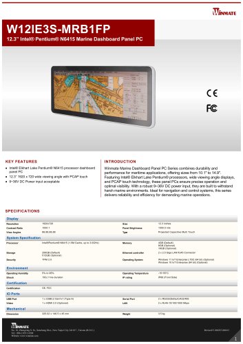 12.3&rdquo; Intel&reg; Pentium&reg; N6415 Marine Dashboard Panel PC W12IE3S-MRB1FP