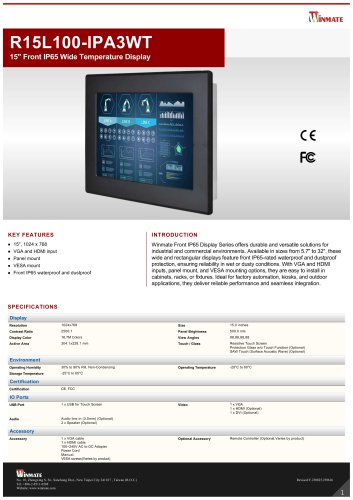 15" Front IP65 Wide Temperature Display  R15L100-IPA3WT 