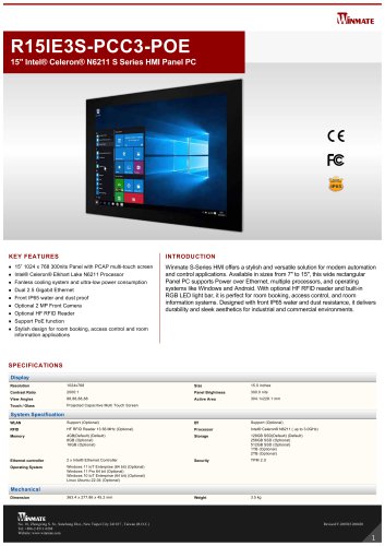 15" Intel&reg; Celeron&reg; N6211 S Series HMI Panel PC R15IE3S-PCC3-POE