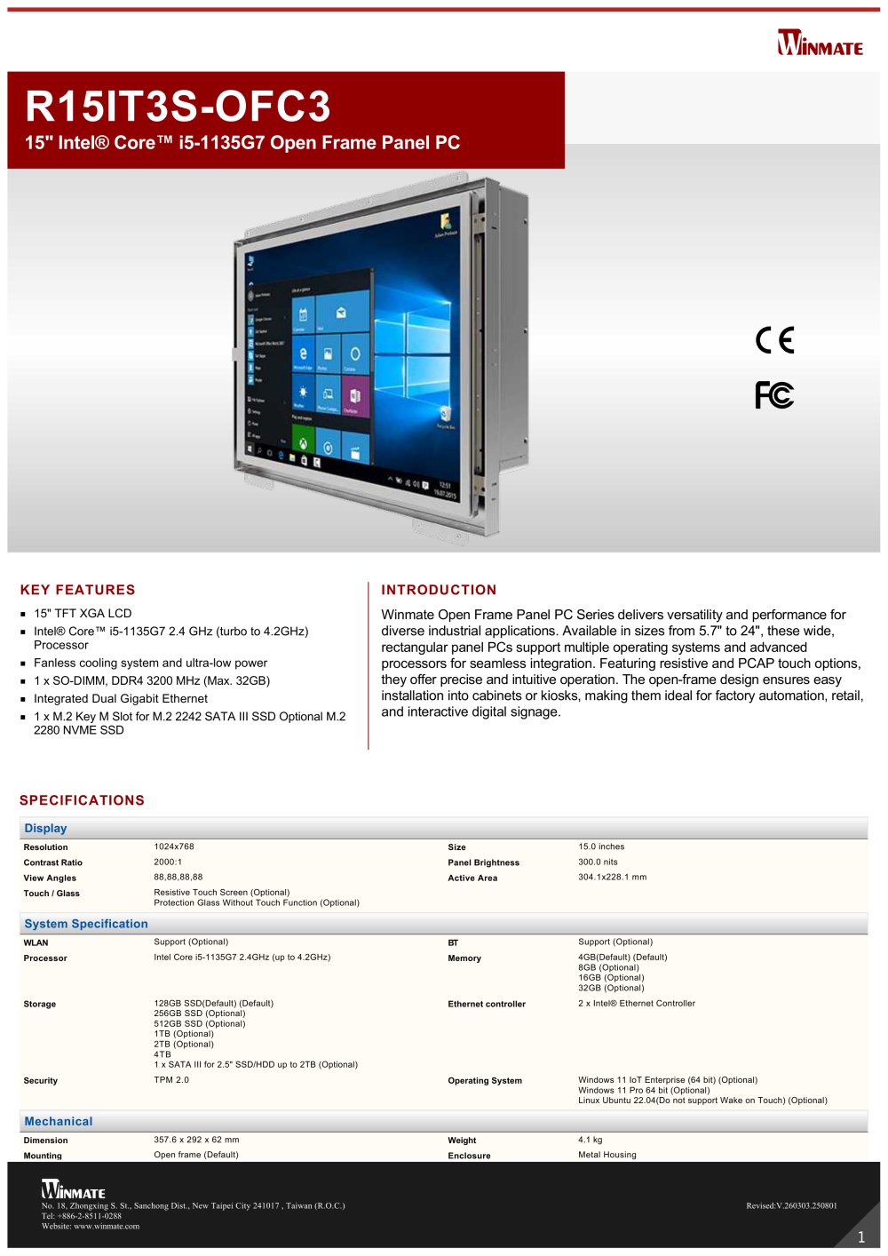 15" Intel&reg; Core&trade; i5-1135G7 Open Frame Panel PC R15IT3S-OFC3 - Winmate, Inc.